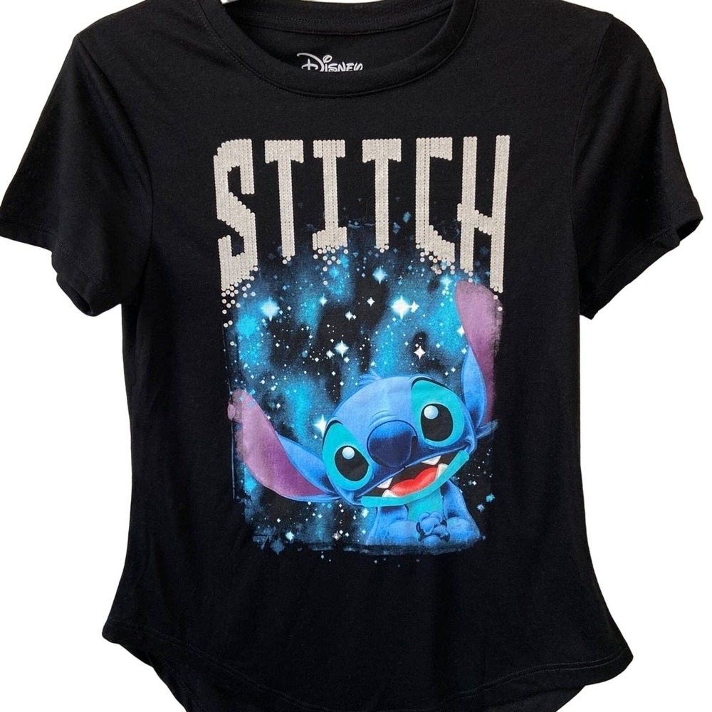 Disney Stitch Graphic Tee Black Sequin Starry Galaxy Shirt Womens XS(1)